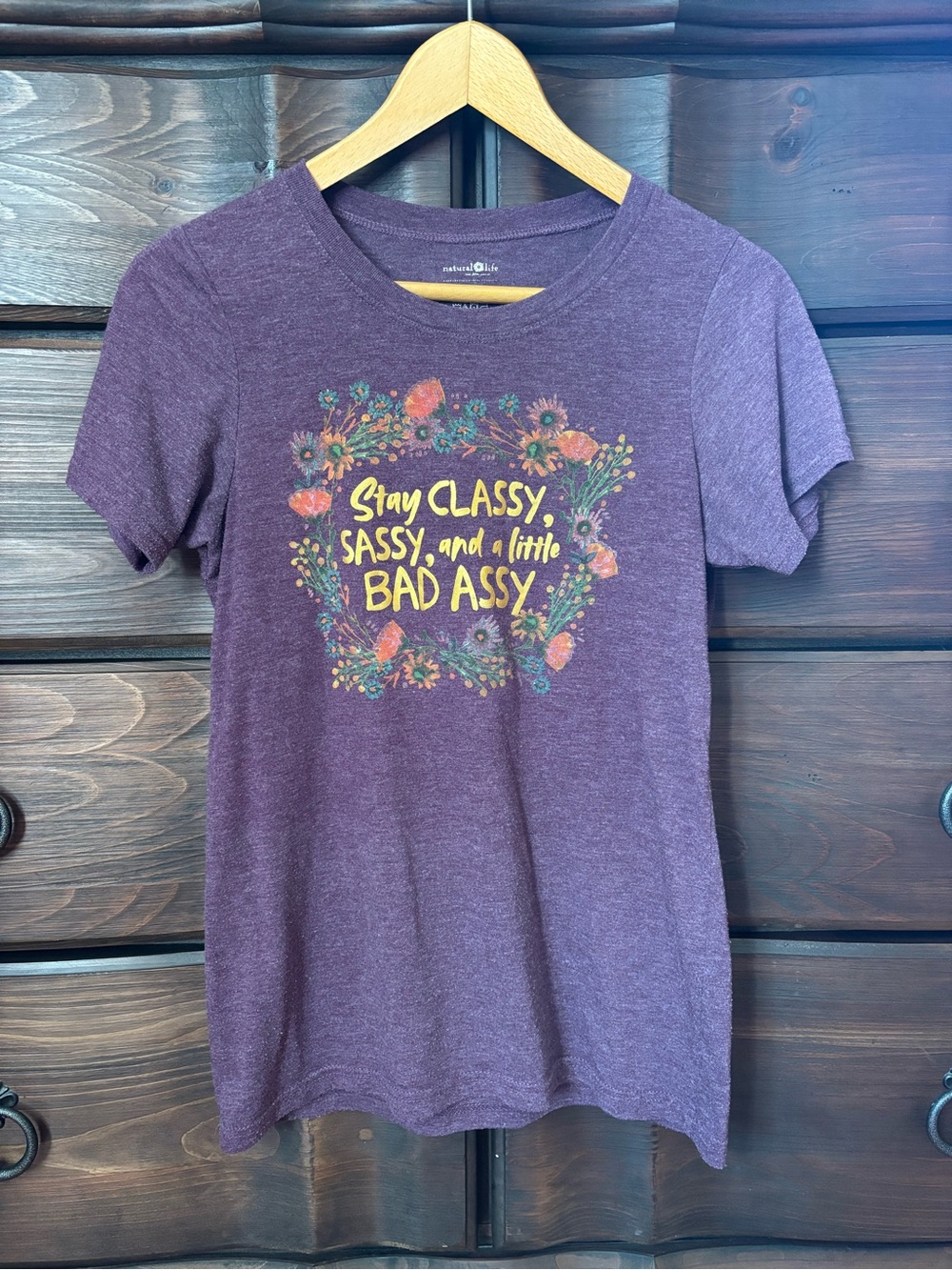 Natural Life Women’s Boho Short Sleeve Graphic Tee, Purple, Size M, Like New